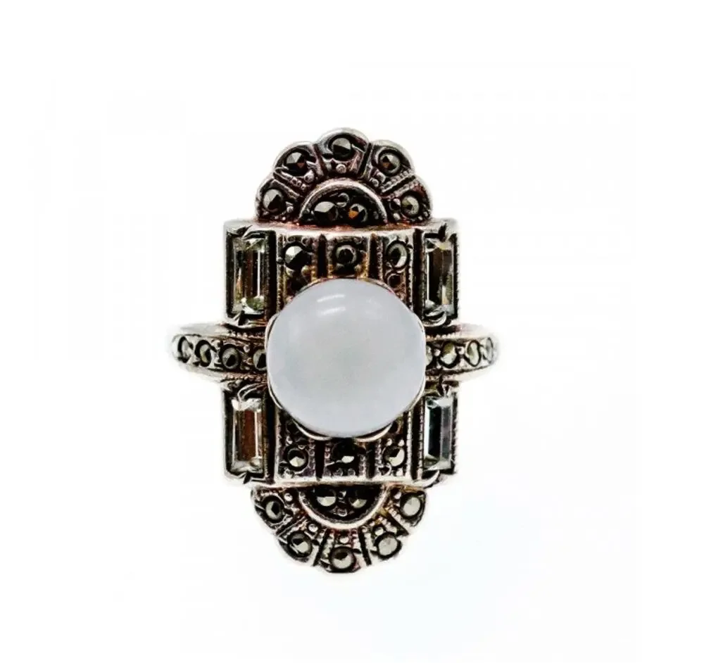 Vintage 925 Sterling Silver Agate, Goshenite & Marcasites Ring Size 5.5